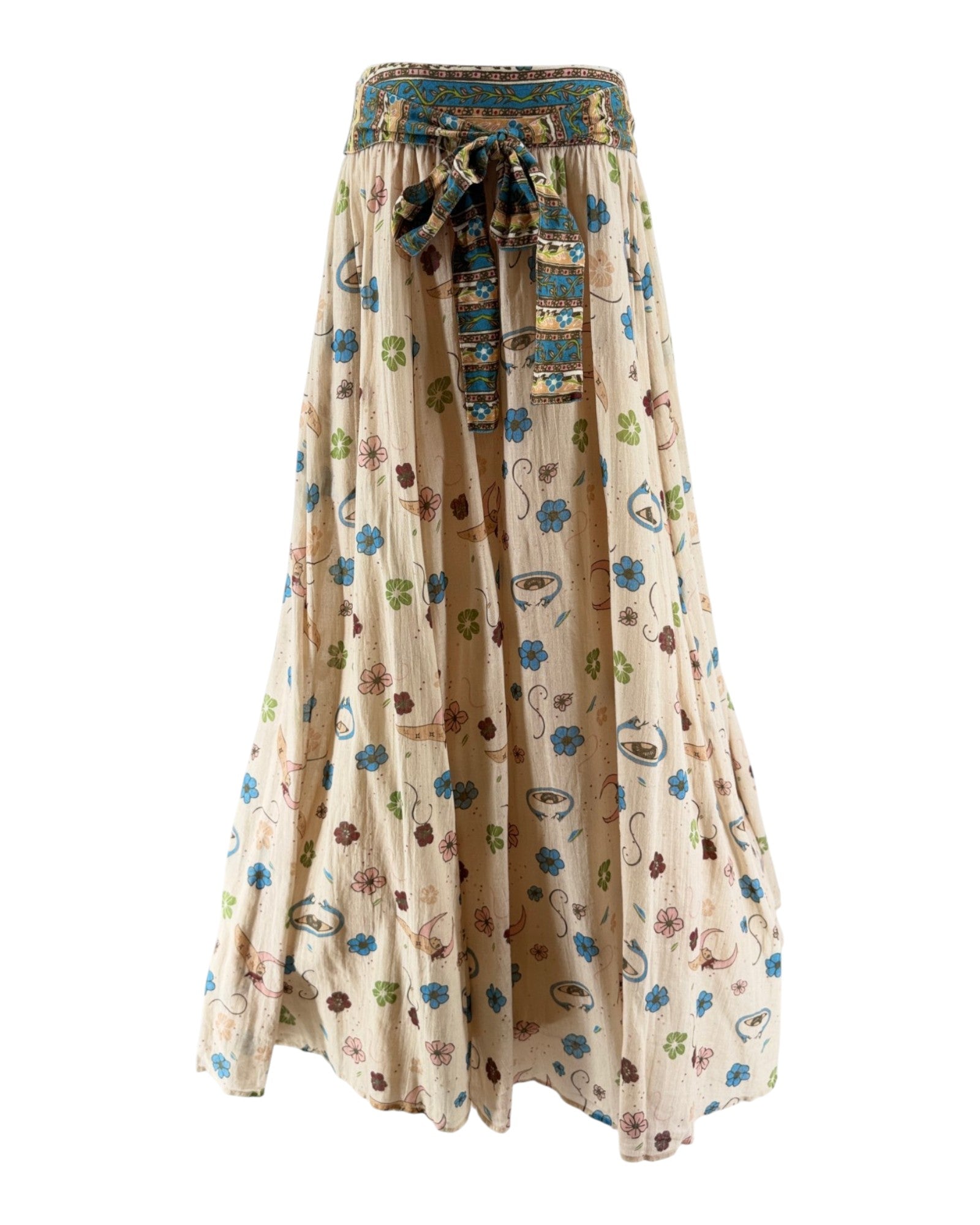 Beige skirt with floral pattern and belt on a white background