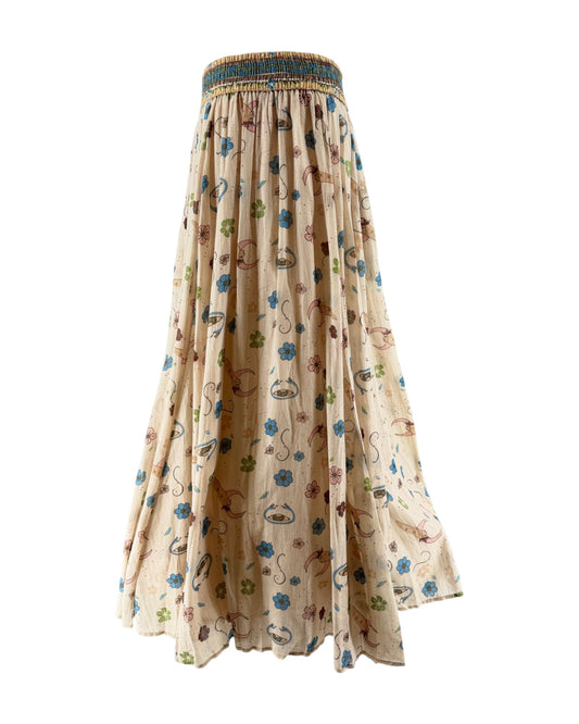 Beige floral-patterned skirt with a decorative waistband on a white background