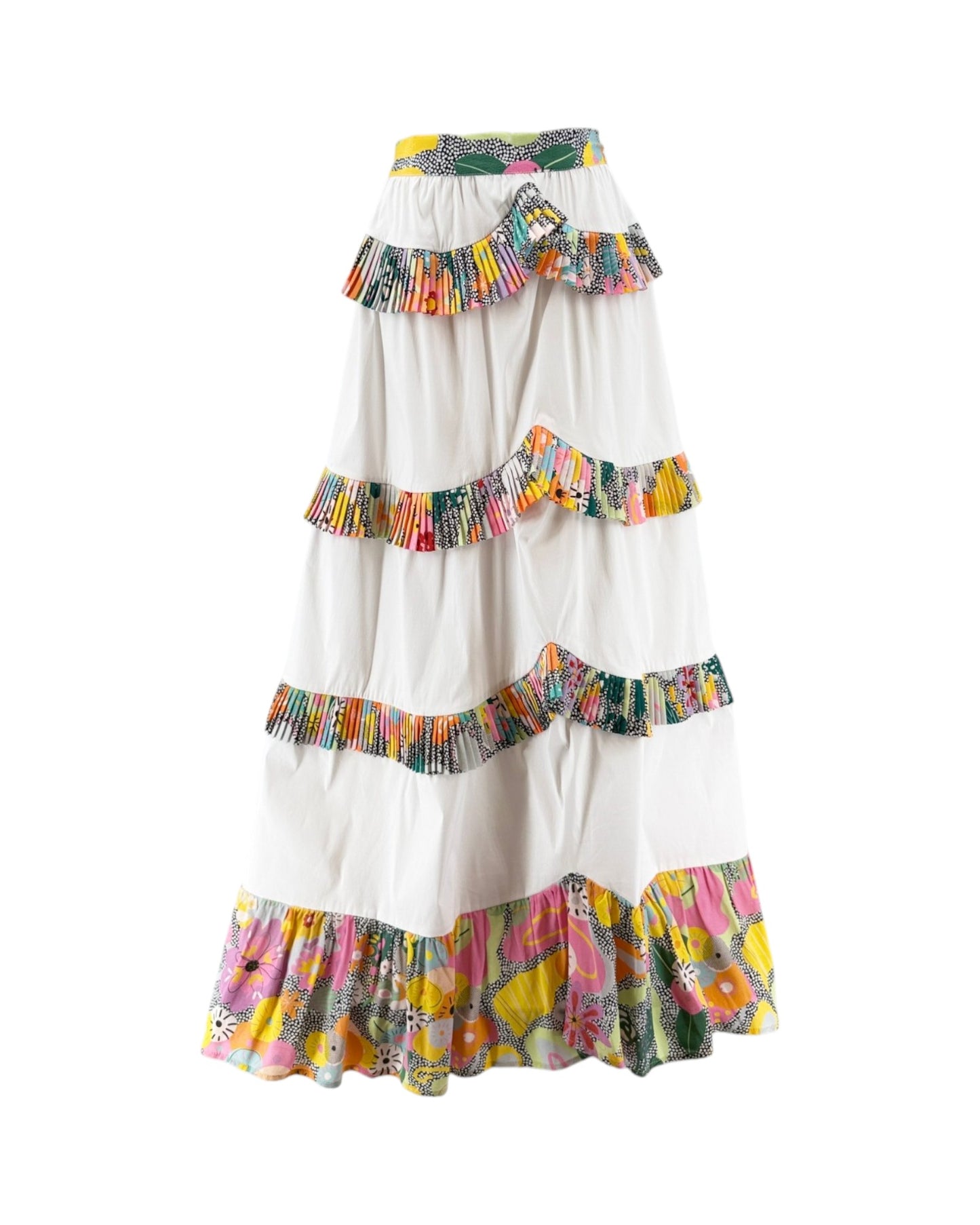 Colorful tiered skirt with patterned ruffles on a white background
