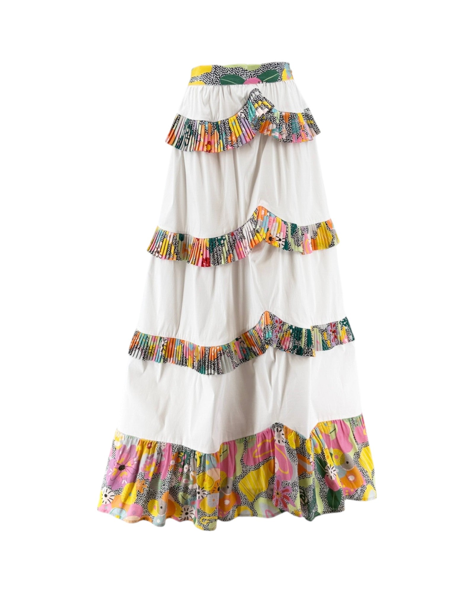 Colorful tiered skirt with patterned ruffles on a white background