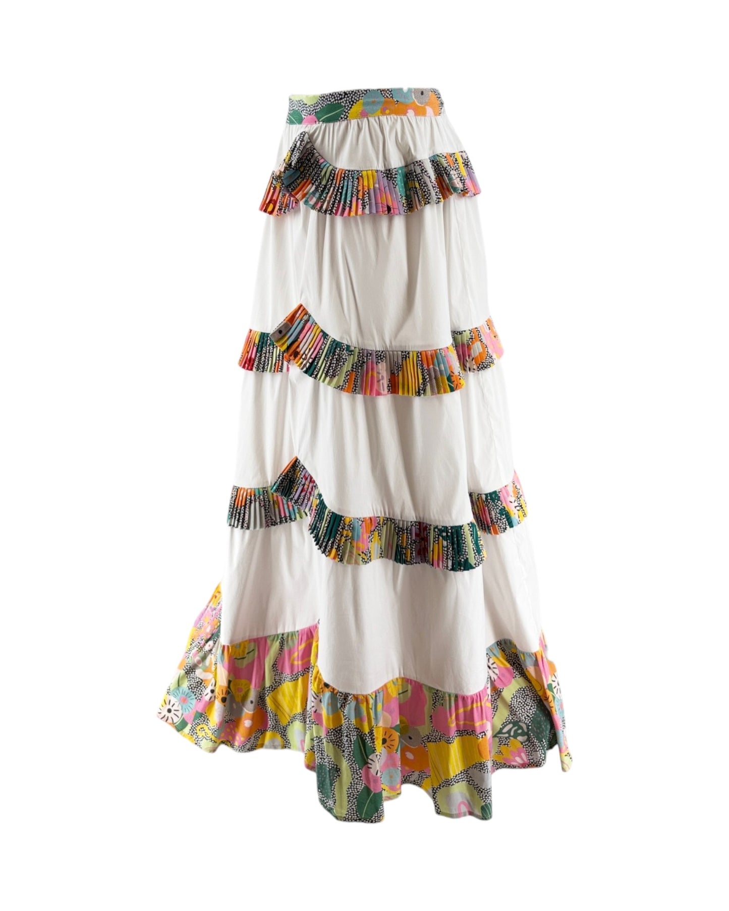 Colorful tiered skirt with a white background