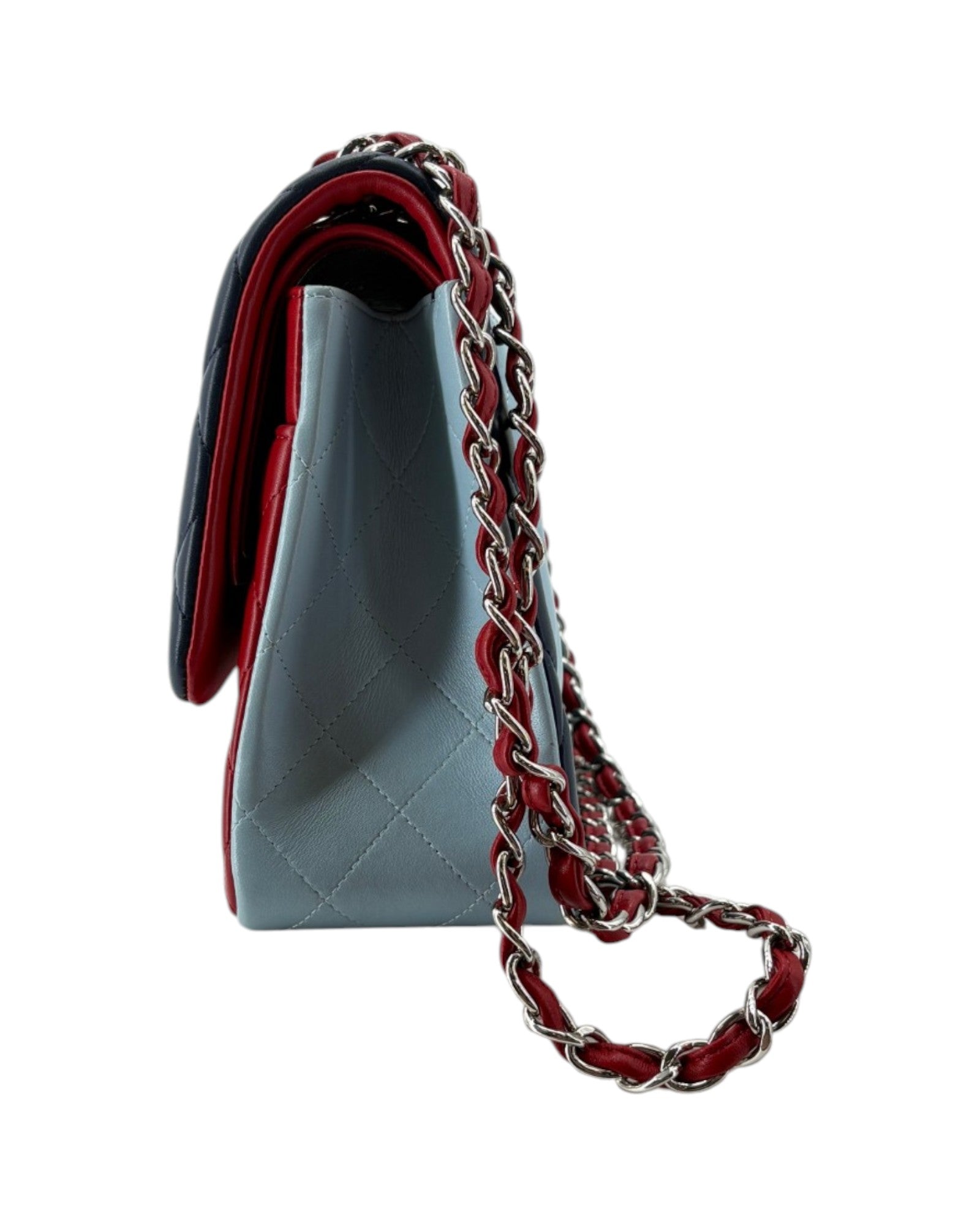 Gray handbag with a red and silver chain strap on a white background