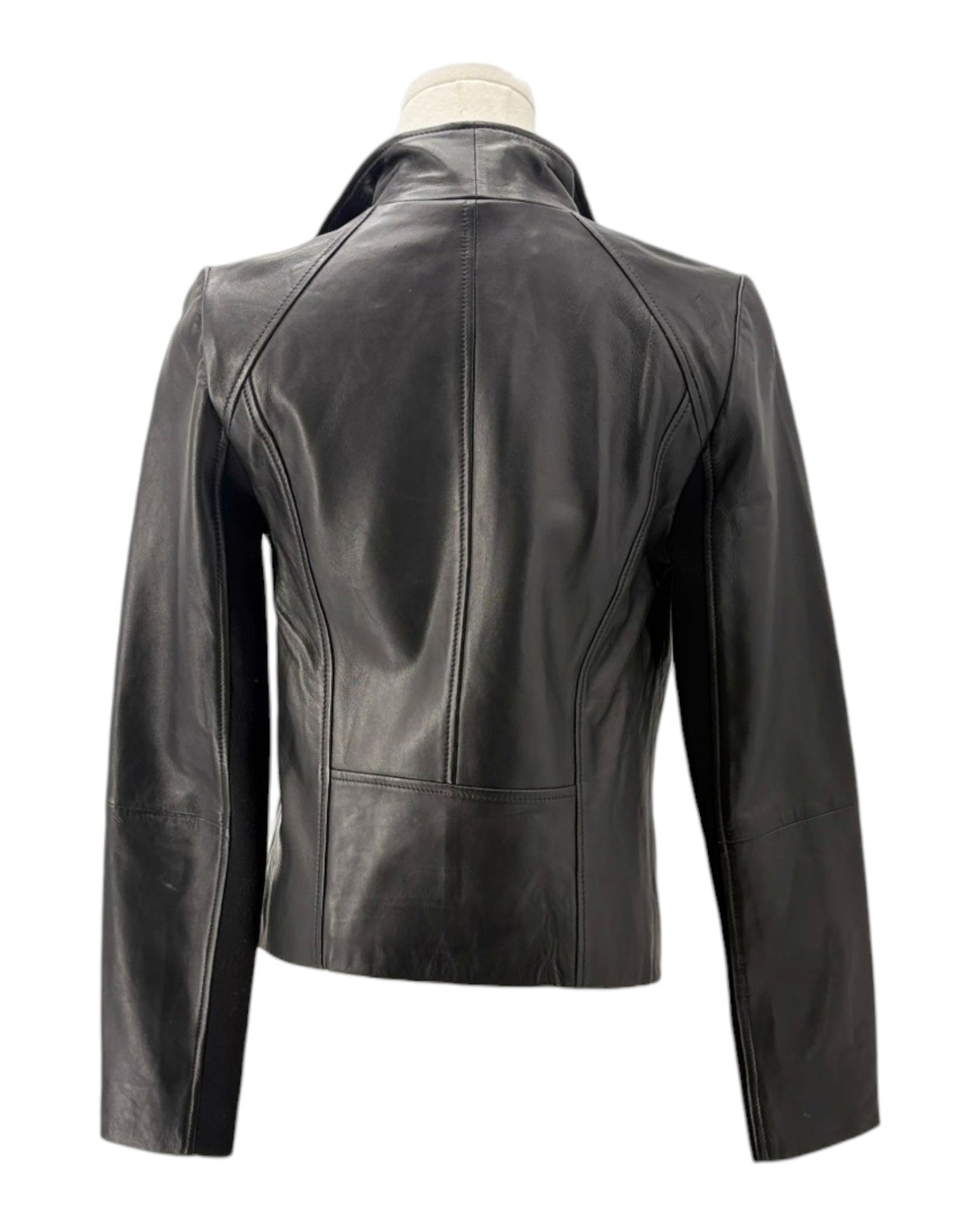 Black leather jacket on a mannequin against a white background