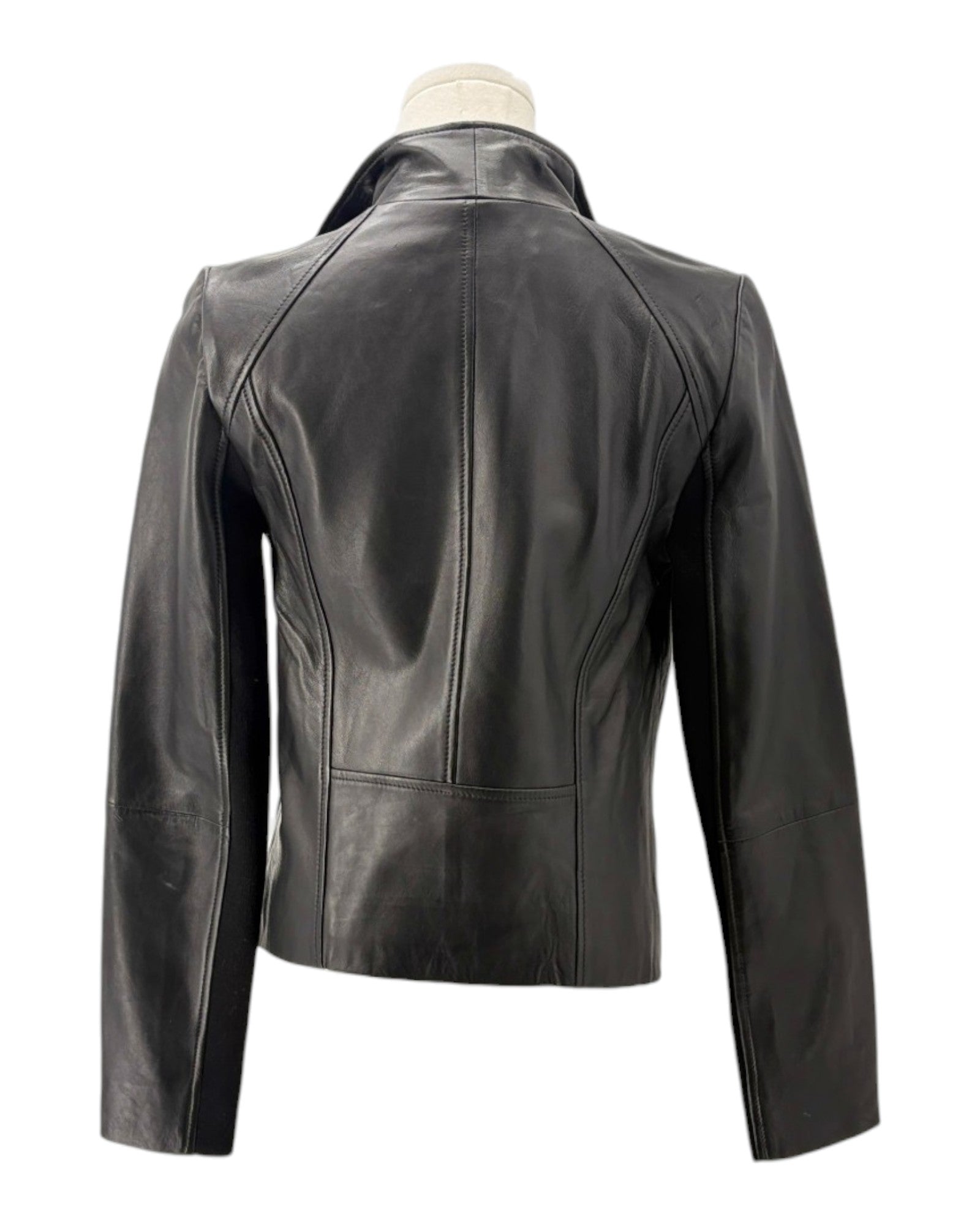 Black leather jacket on a mannequin against a white background