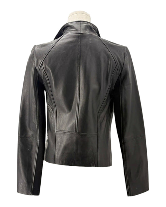 Black leather jacket on a mannequin against a white background