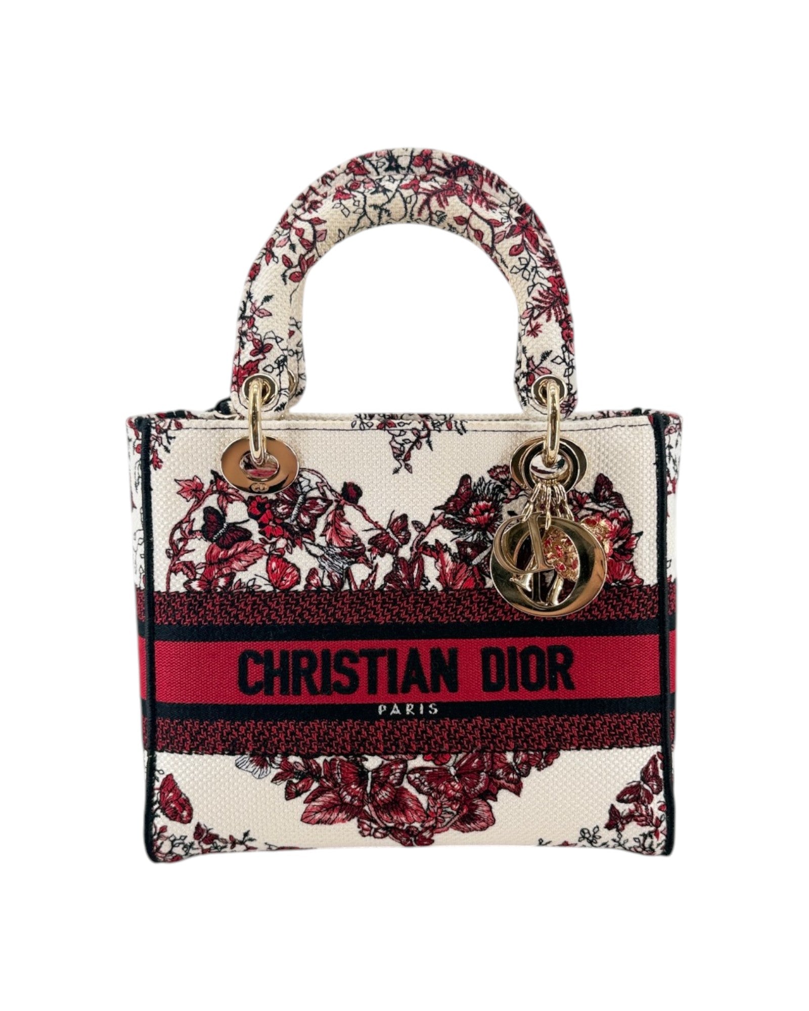 Christian Dior Lady Dior handbag featuring a cream canvas base with a red and black floral pattern, a central red stripe with black branding, and gold-tone hardware.