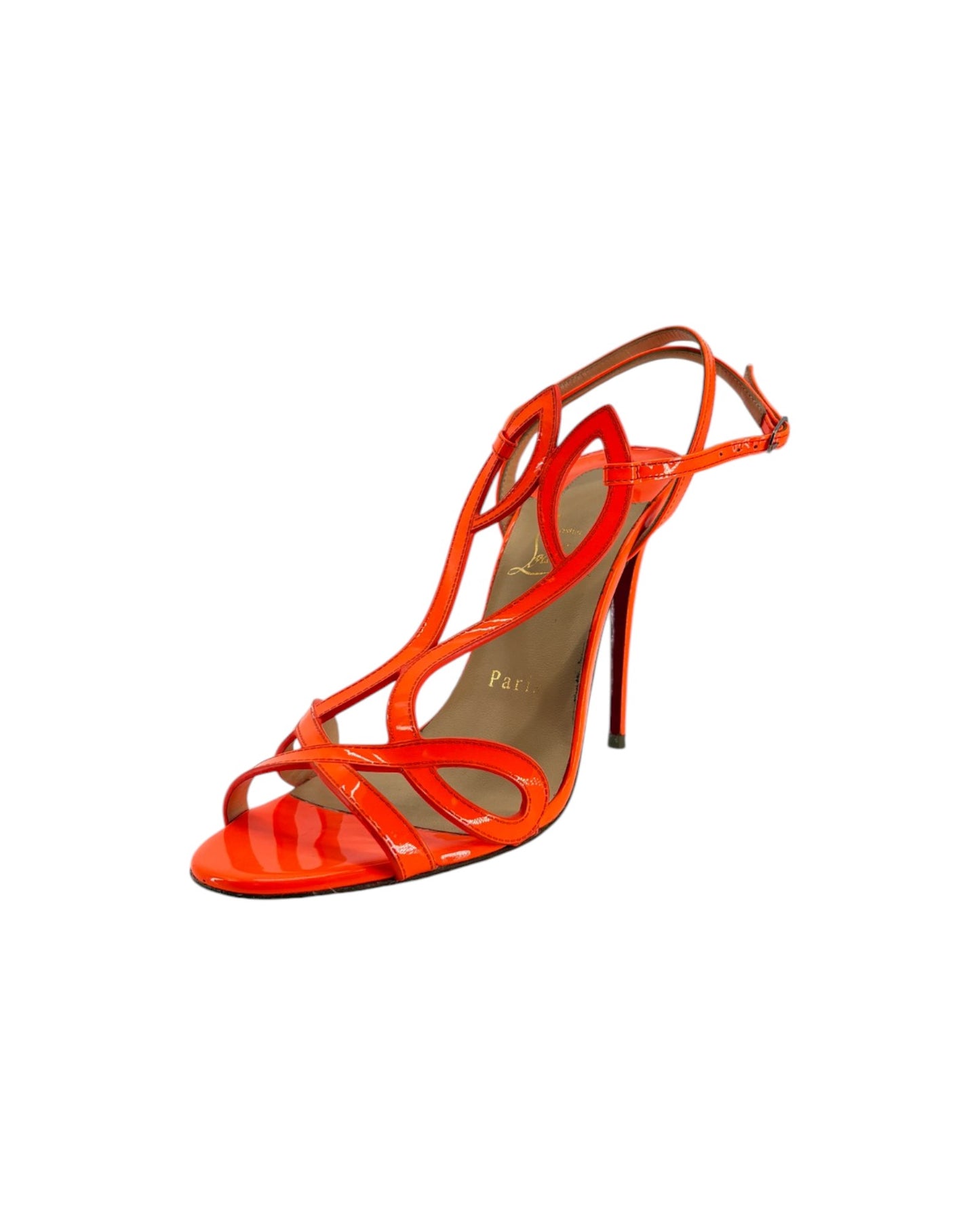 Neon orange high-heeled sandal on a white background