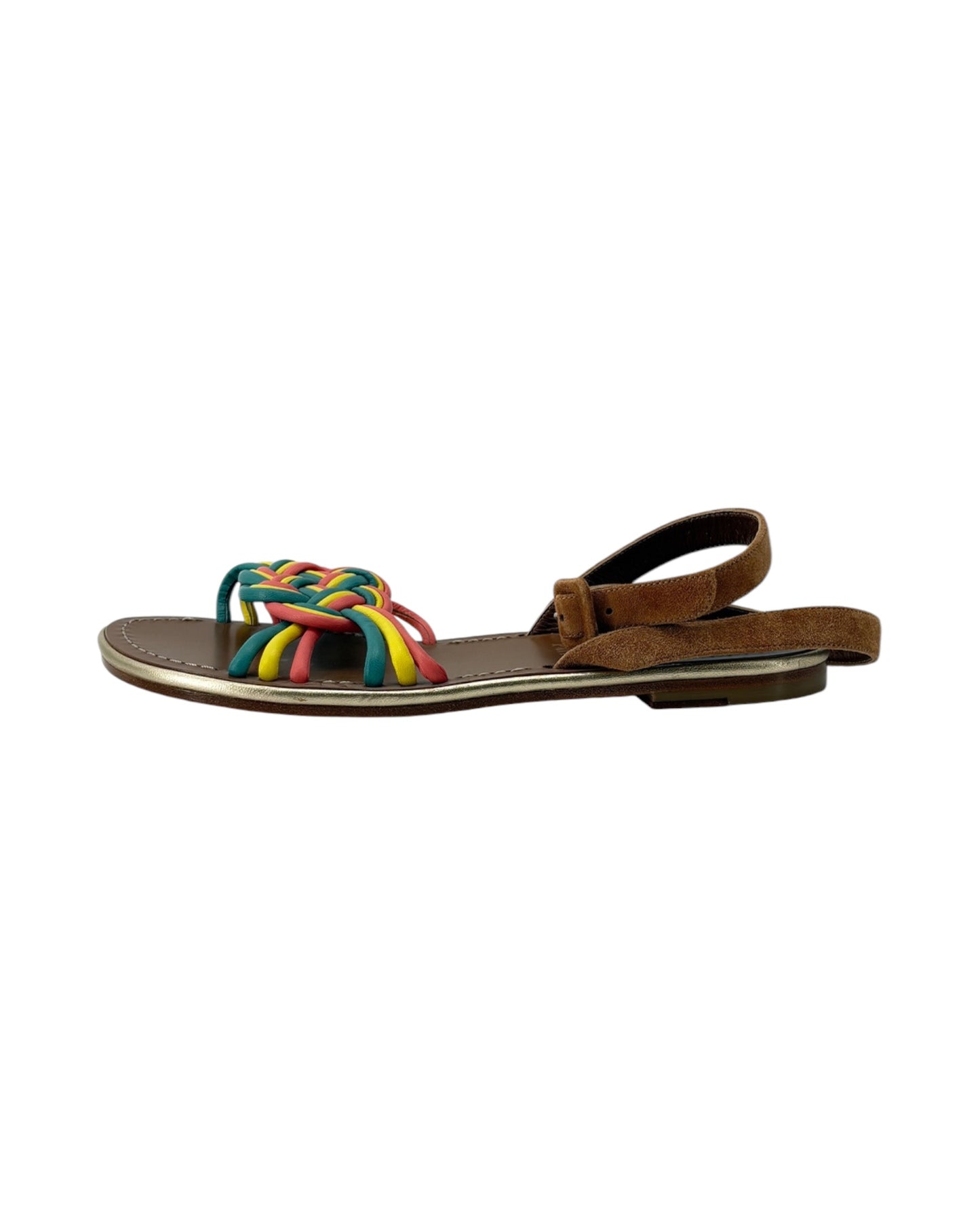 Multi color braided sandals on white background