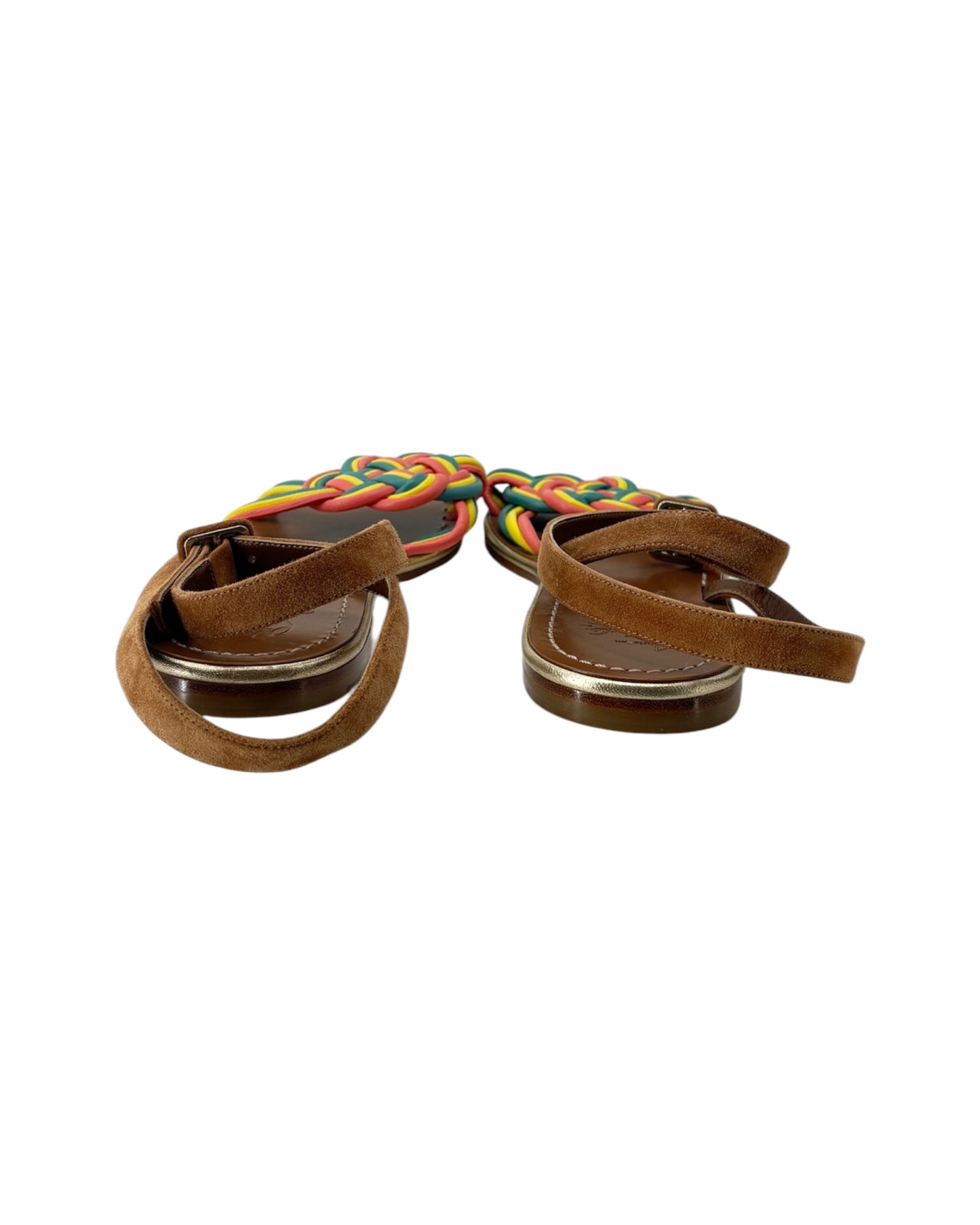Pair of sandals with brown straps and multicolored ties on a white background
