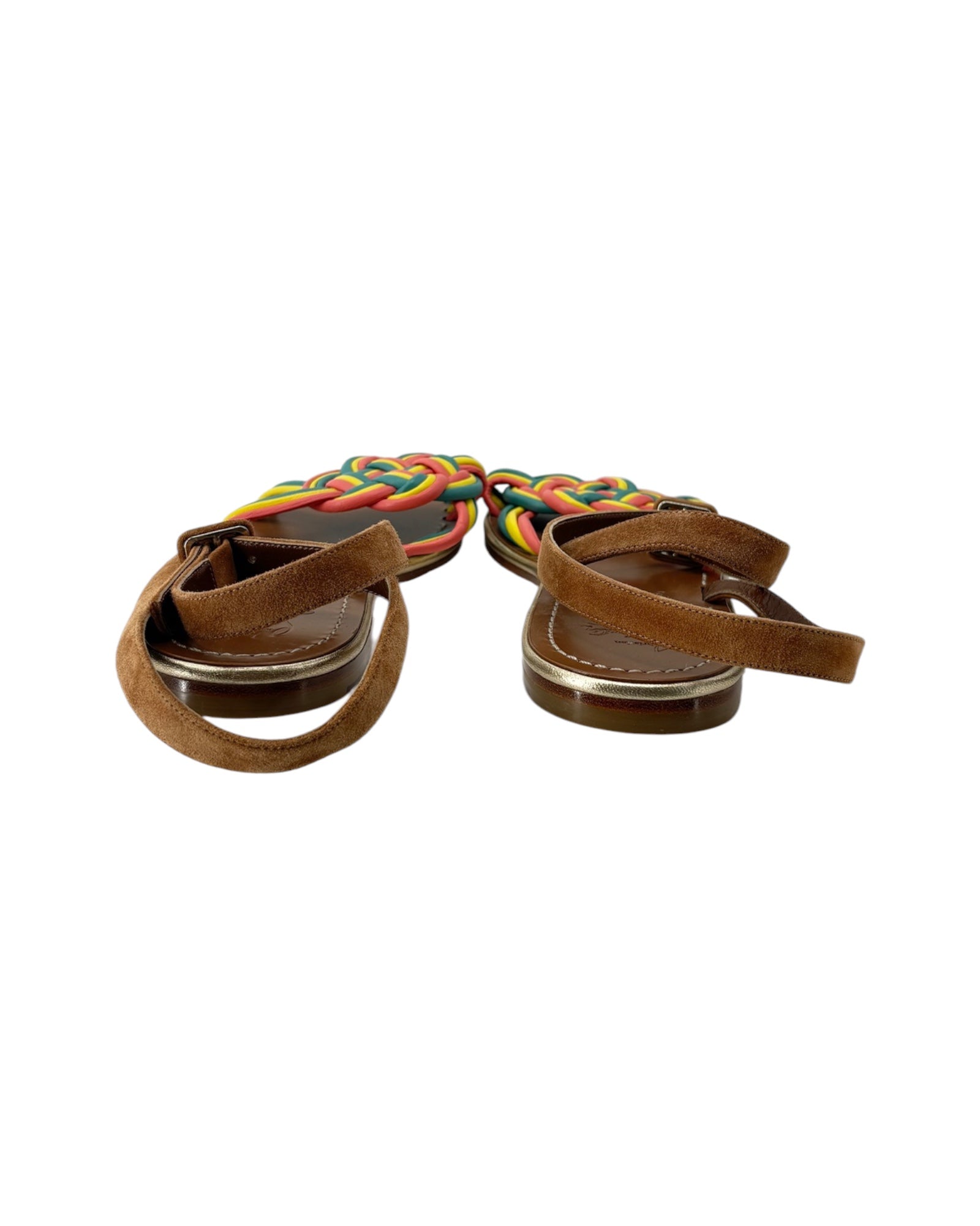 Pair of sandals with brown straps and multicolored ties on a white background