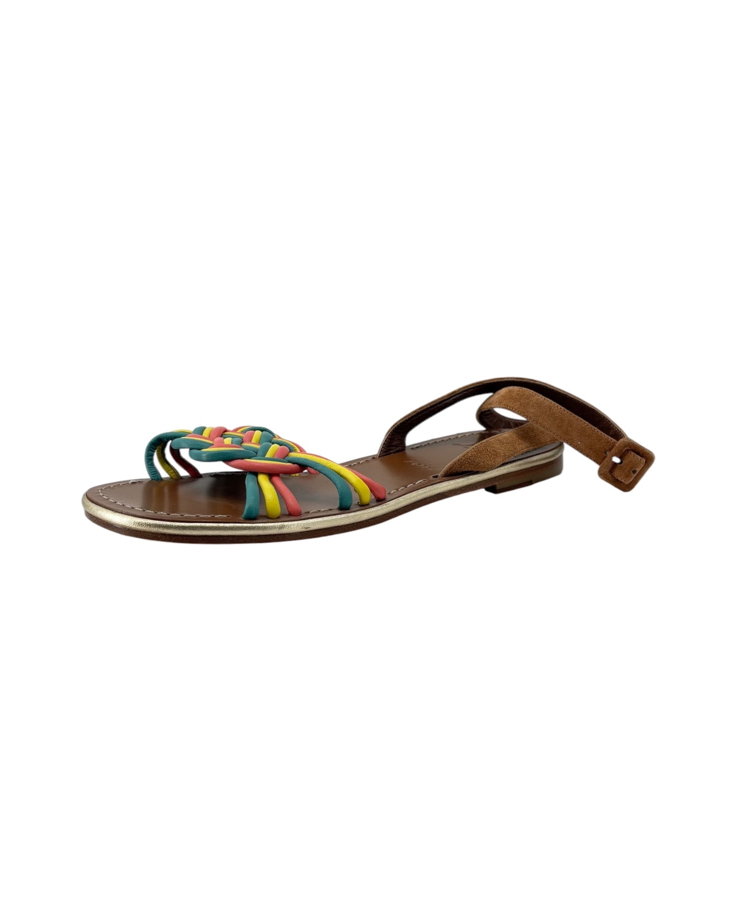 Multicolored sandal with a brown strap on a white background