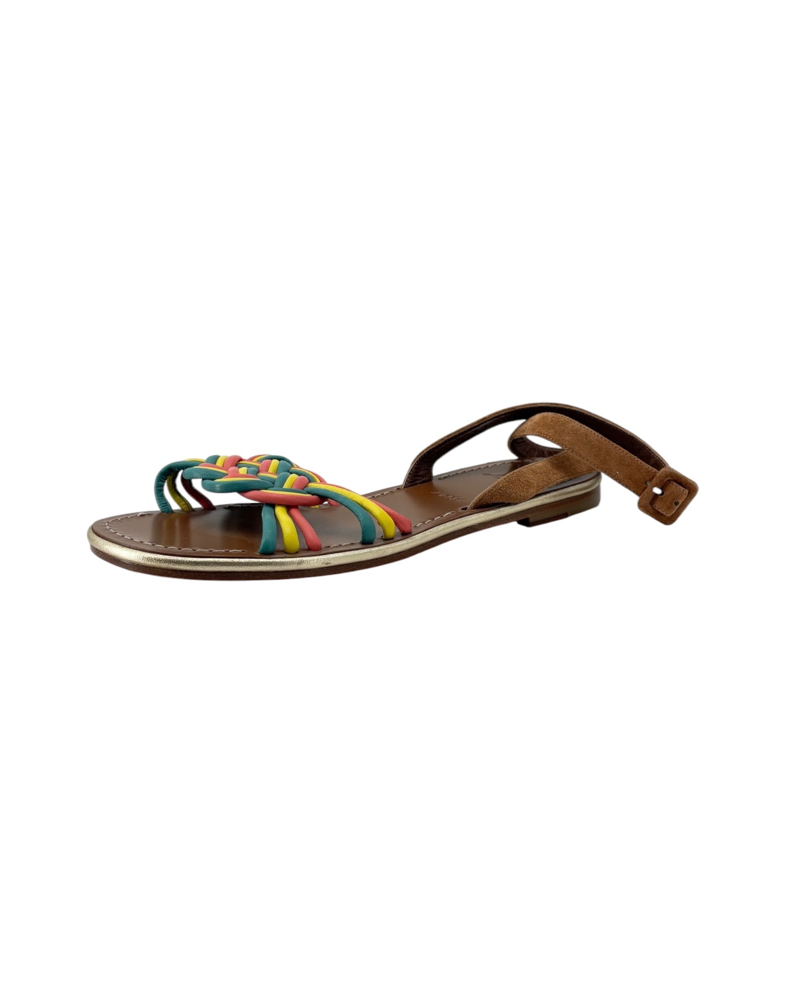 Multicolored sandal with a brown strap on a white background