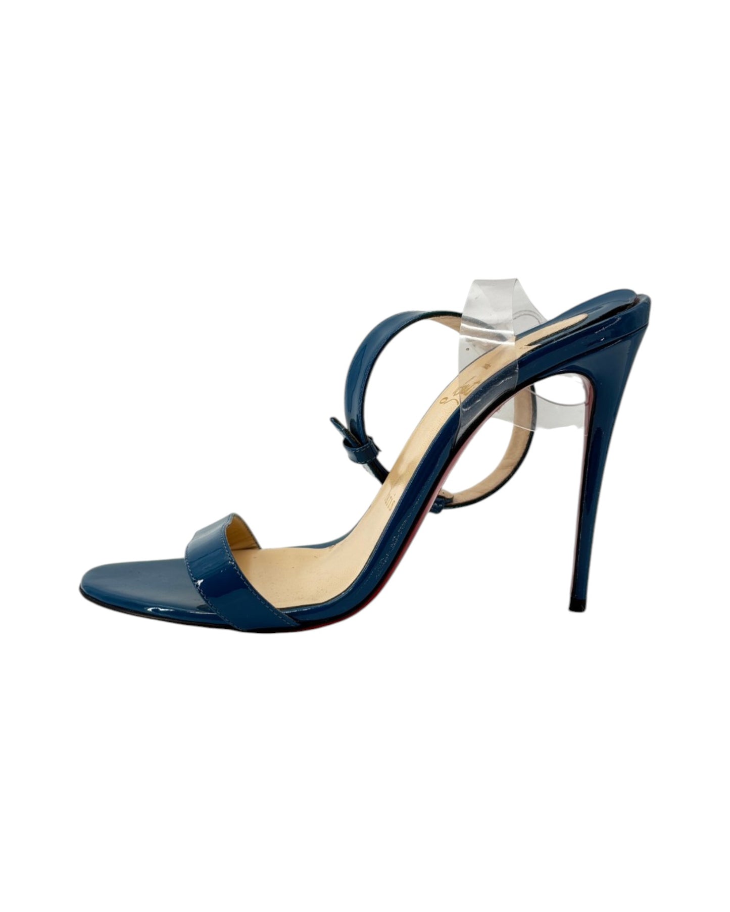 Blue high-heeled sandal on a white background