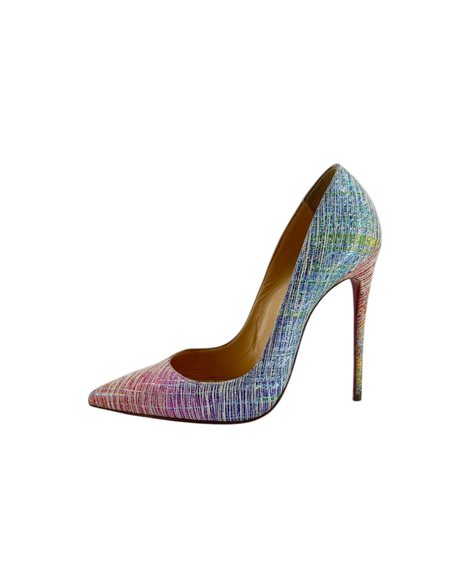 Multicolored high-heeled shoe on a white background