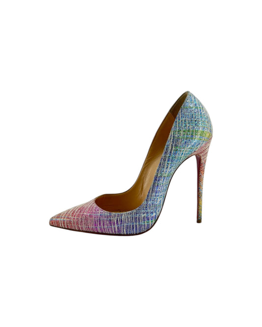 Multicolored high-heeled shoe on a white background