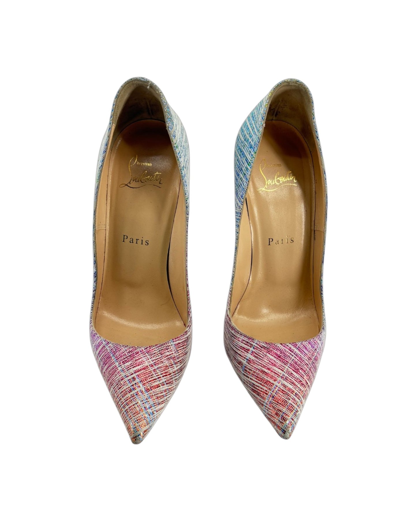 Pair of multicolored high-heeled shoes with brand logo on a white background