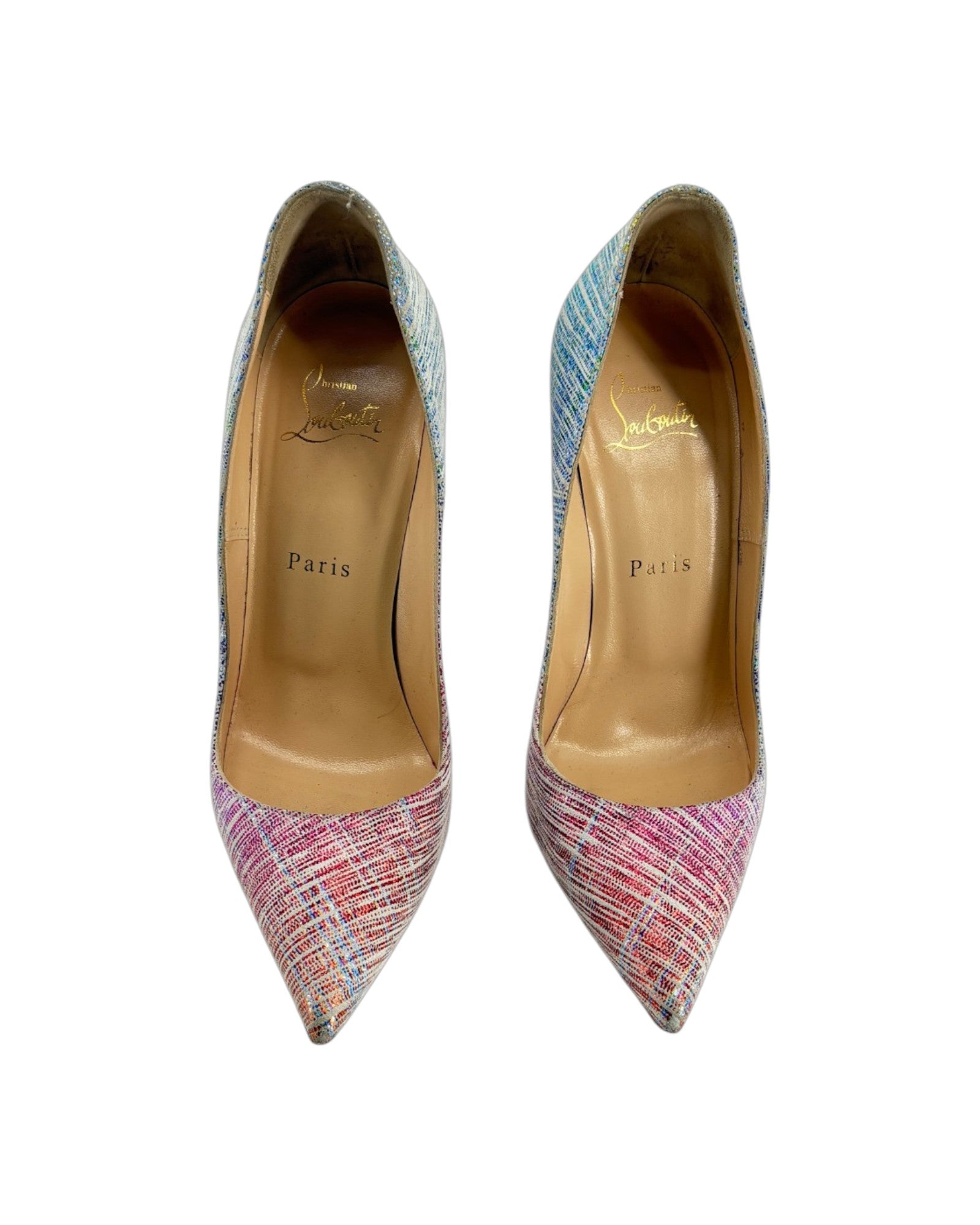 Pair of multicolored high-heeled shoes with brand logo on a white background