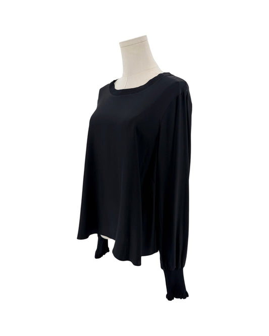 A black long-sleeve top displayed on a mannequin torso against a plain white background.