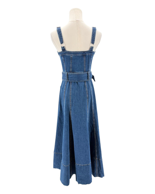 Blue denim dress on a mannequin against a white background