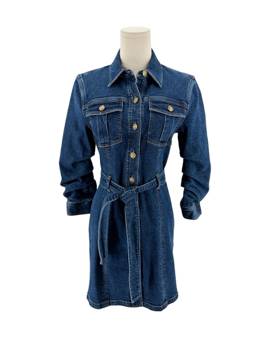 A dark blue denim shirt dress displayed on a cream mannequin torso against a plain white background.