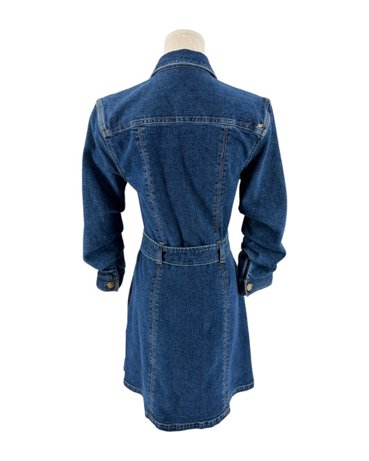 A blue denim long coat or jacket displayed on a mannequin from the back, featuring a collar, long sleeves, and a belted waist, set against a plain white background.