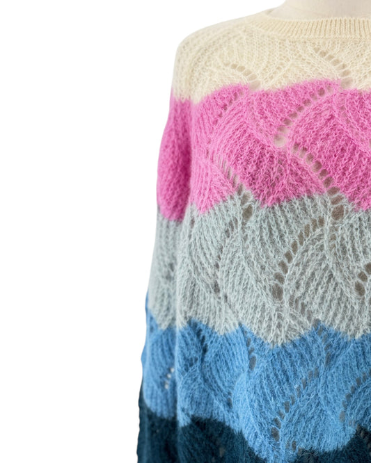 Striped colorful long sleeve sweater on a mannequin on a white background