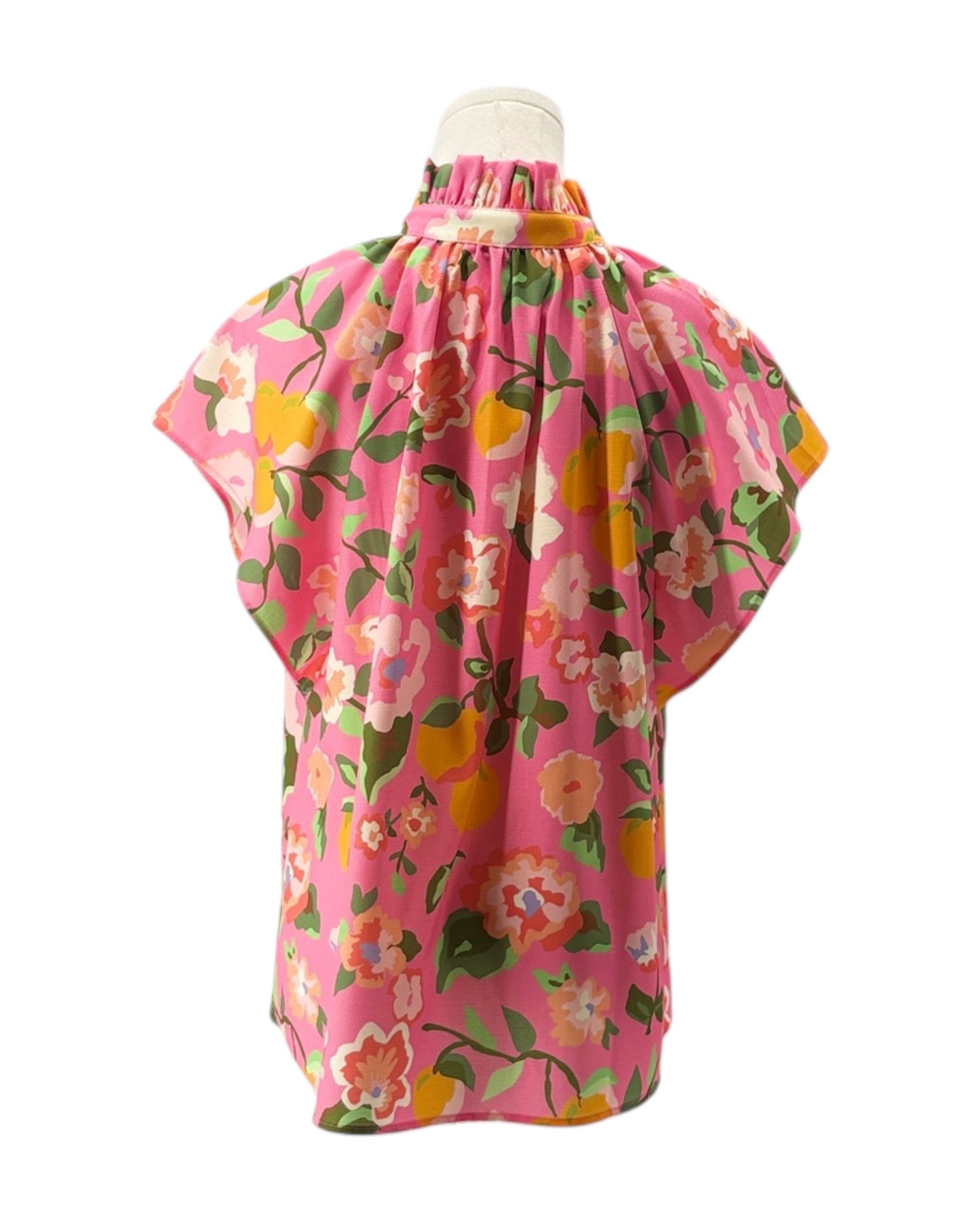 Pink floral shirt on a mannequin against a white background