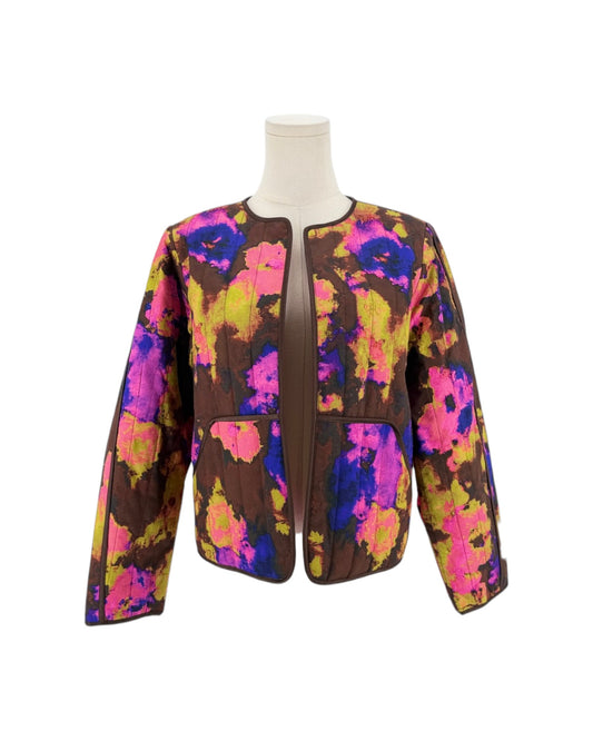 Abstract multi-color quilted long sleeve jacket on a white background
