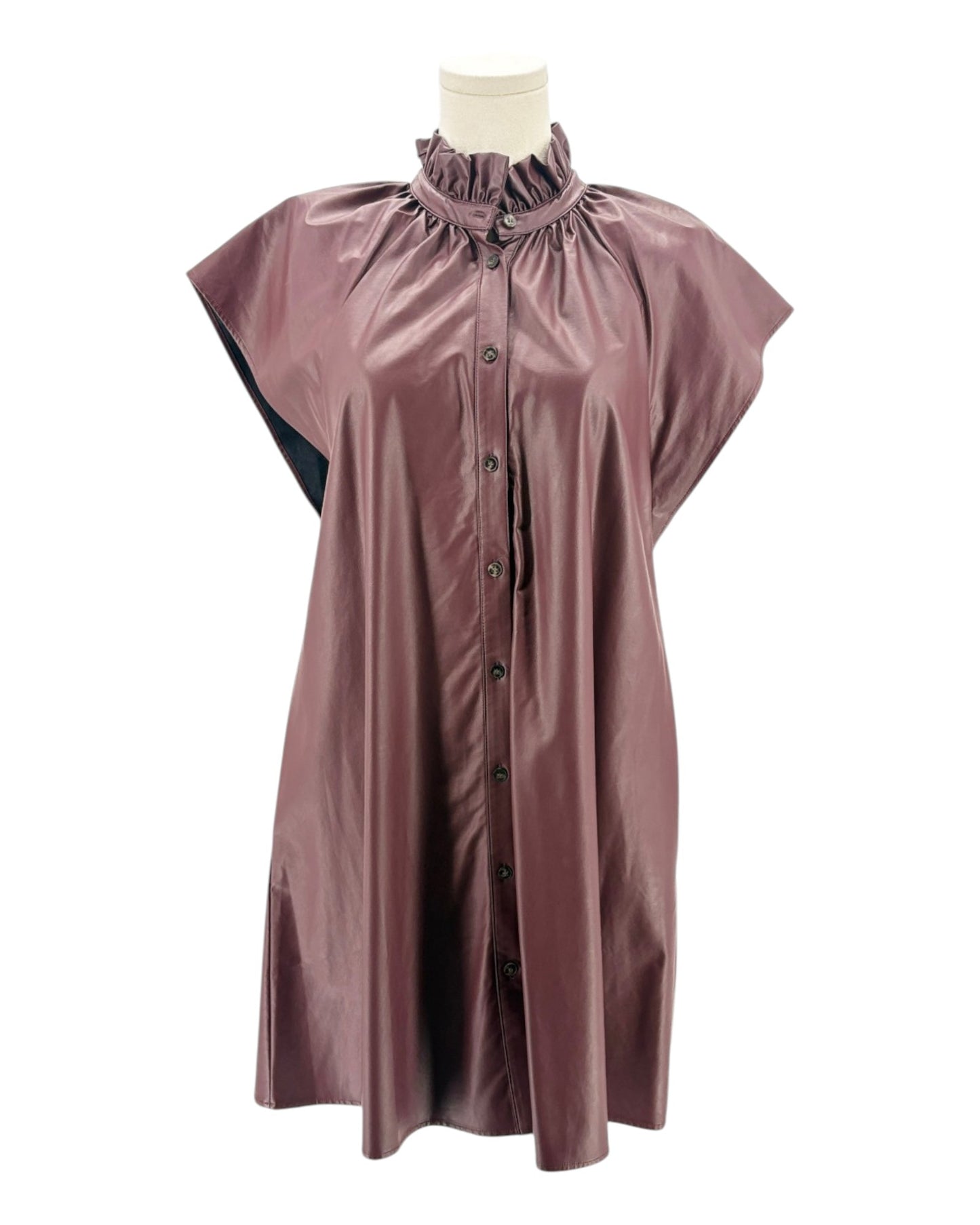 maroon mini dress on a mannequin against a white background
