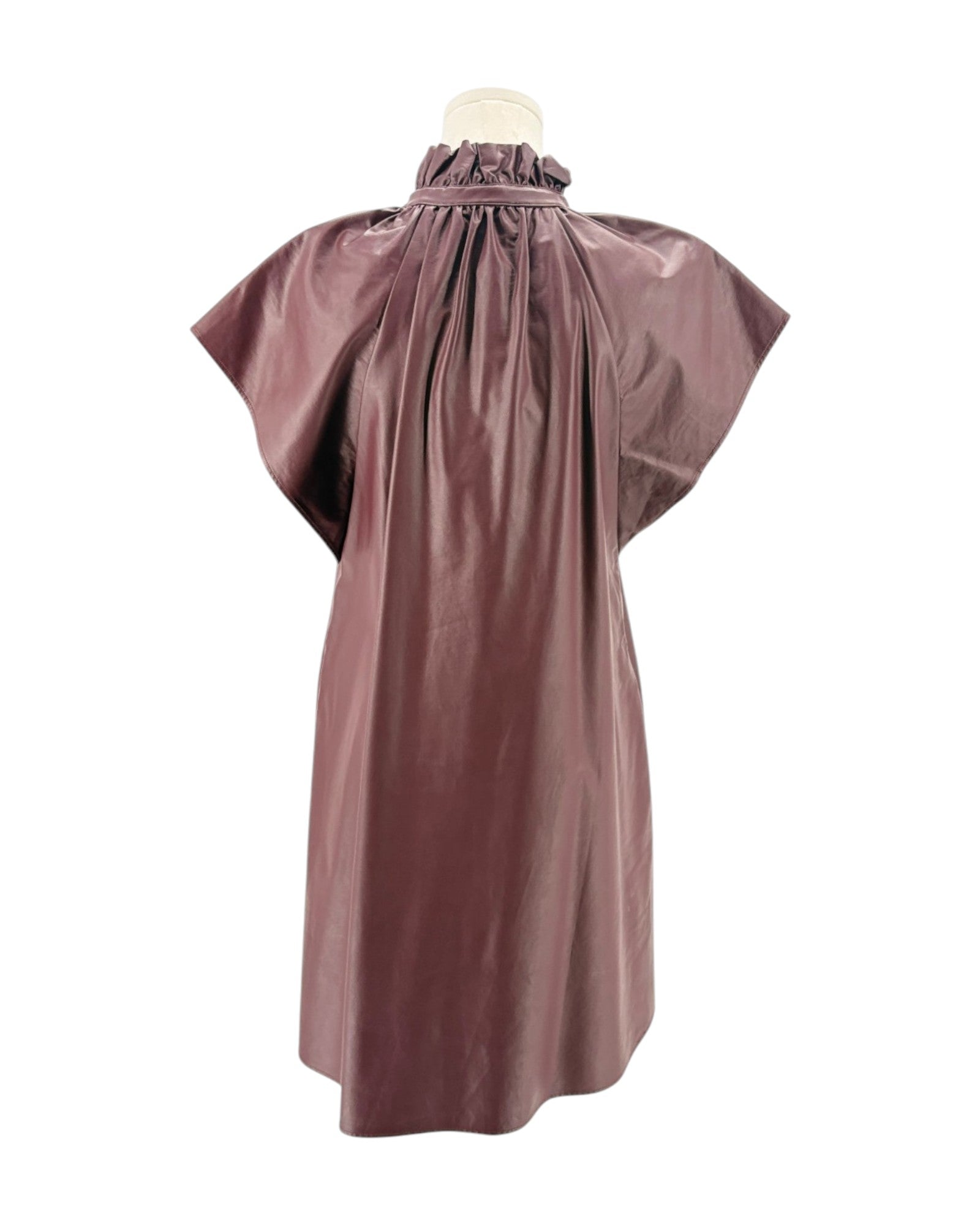 maroon dress on a mannequin against a white background