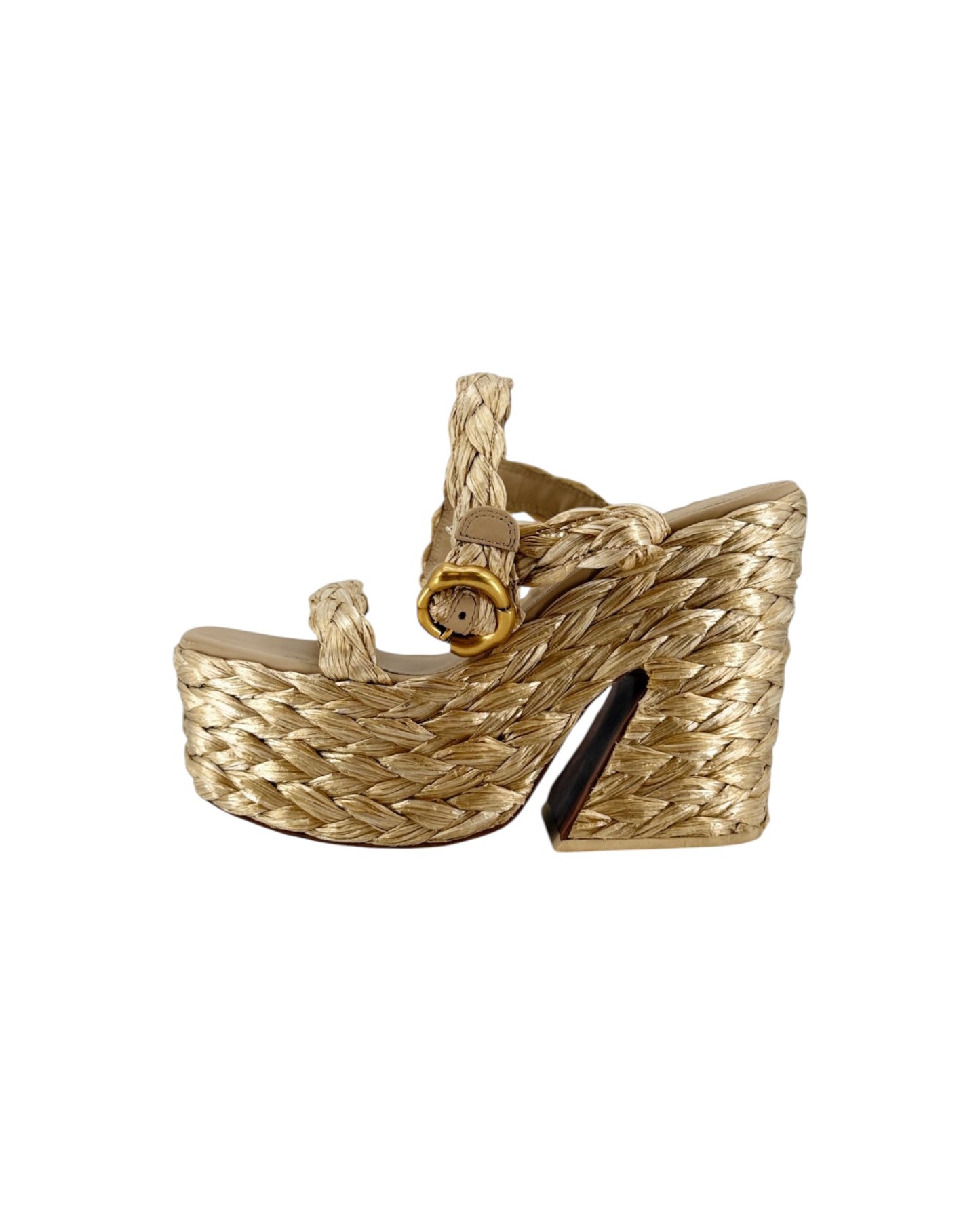 A single woven straw platform sandal with a chunky block heel, a decorative ankle strap, and a gold-tone buckle, shown against a plain white background.
