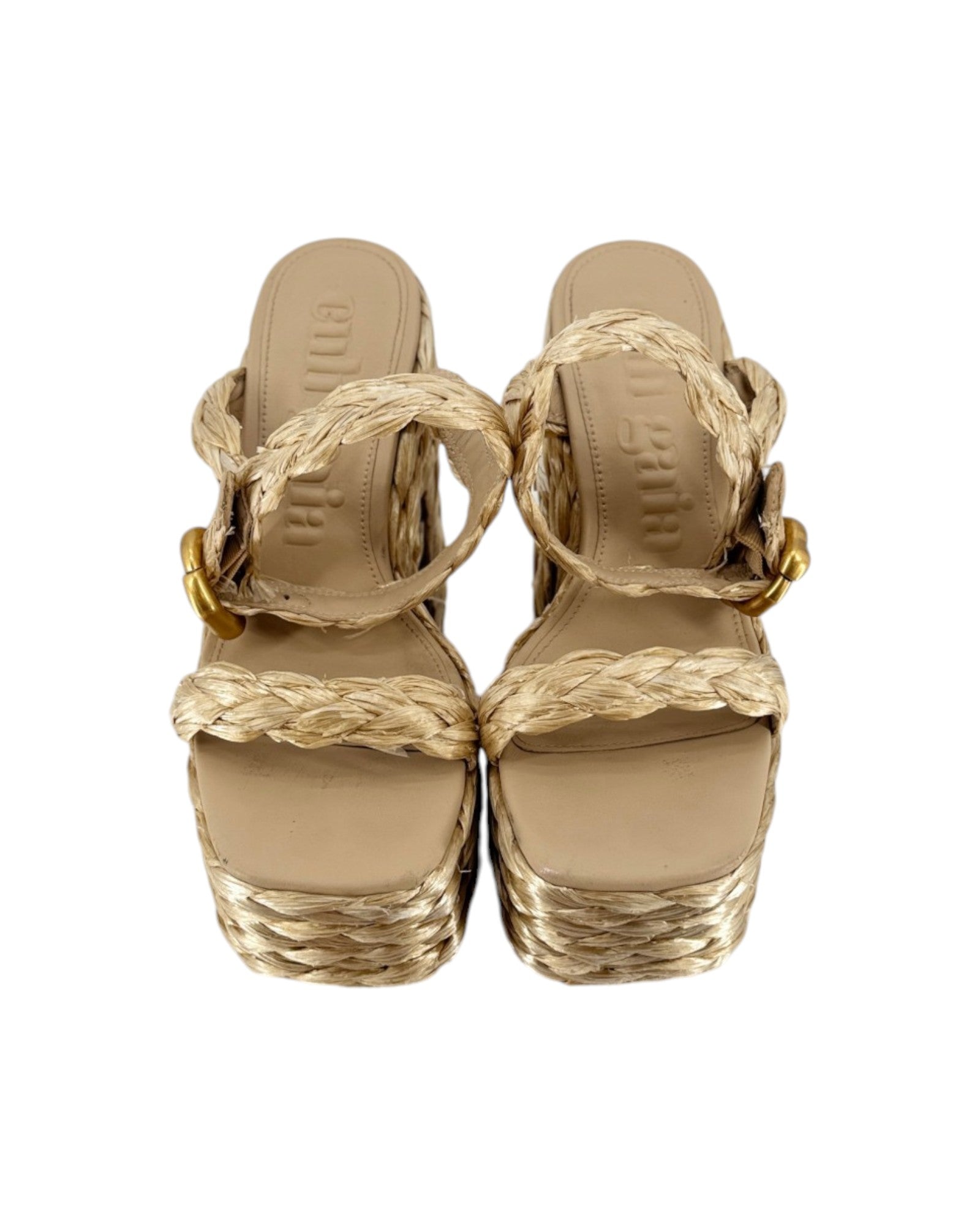 A pair of women's platform wedge sandals with woven straw straps and gold-tone buckle details, shown from a top-down view on a white background.