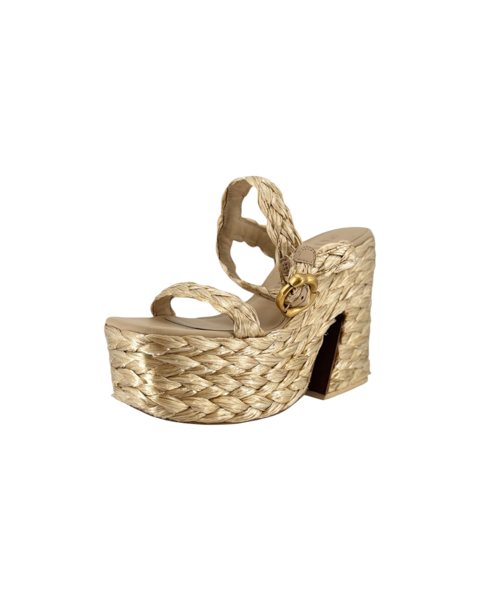 A single platform sandal with a woven straw-like texture, a block heel, and a small gold-tone ring detail on the strap, shown against a plain white background.