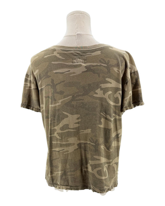 Camouflage t-shirt on a mannequin against a white background