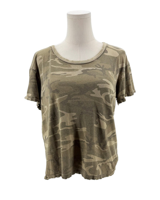 Camouflage t-shirt on a mannequin against a white background