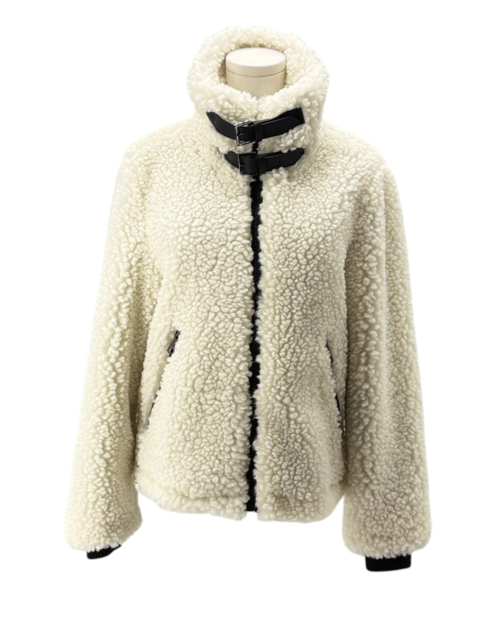 White sherpa jacket on a mannequin with a white background
