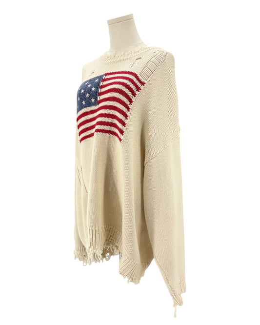Denimist beige sweater with an American flag design on a mannequin against a background