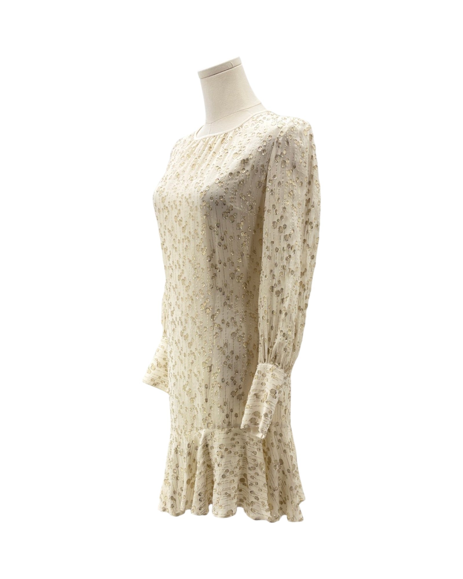 Beige floral dress on a mannequin against a white background