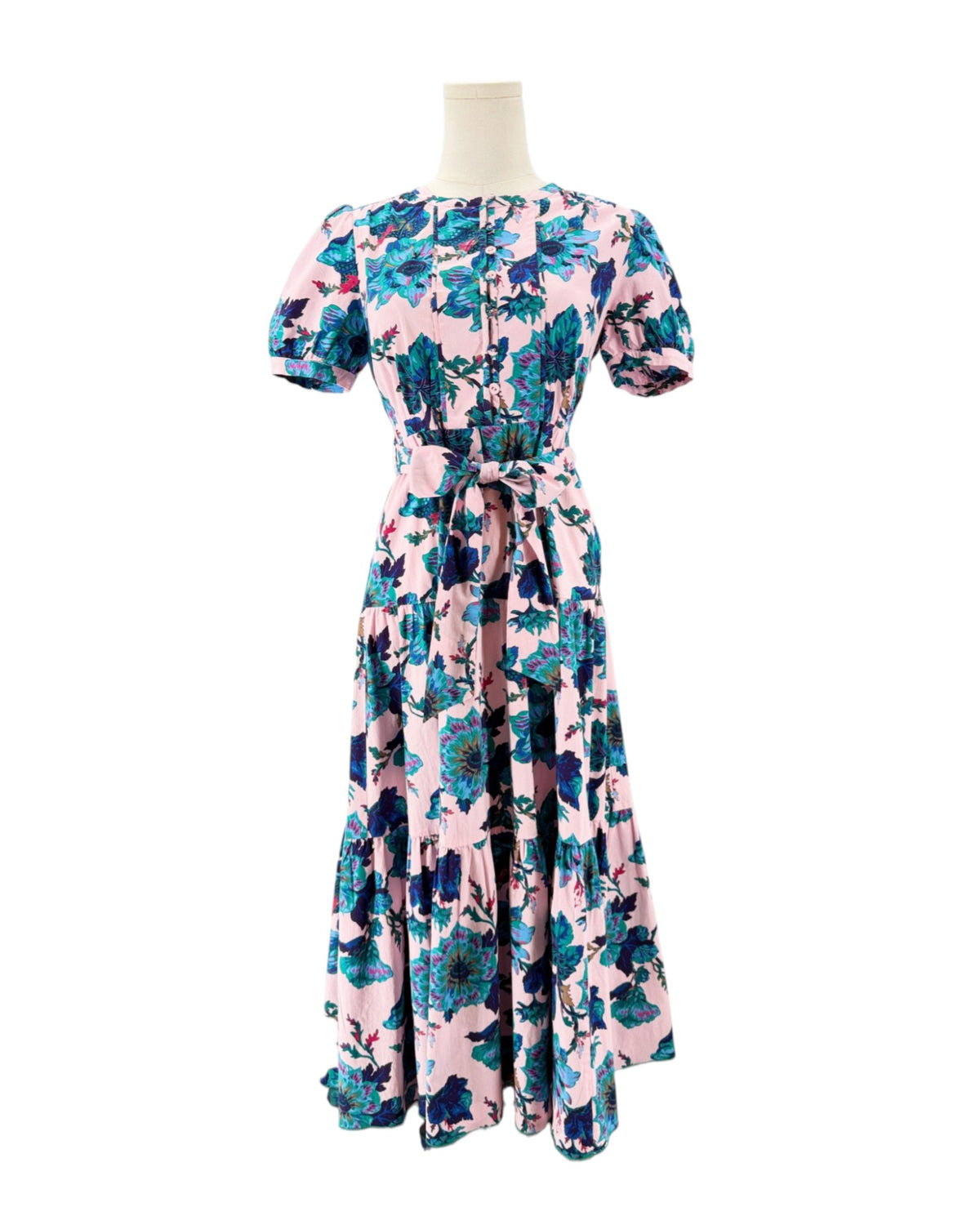 Short sleeve floral maxi dress with a tie waist on a mannequin on a white background