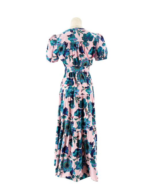 Short sleeve floral maxi dress with a tie waist on a mannequin on a white background