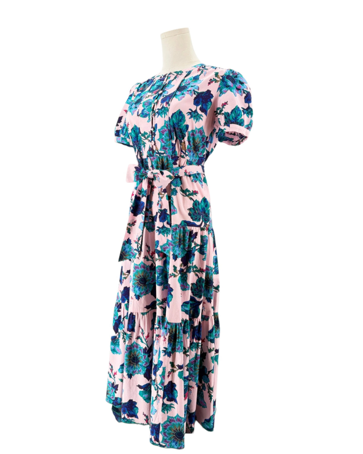 Short sleeve floral maxi dress with a tie waist on a mannequin on a white background