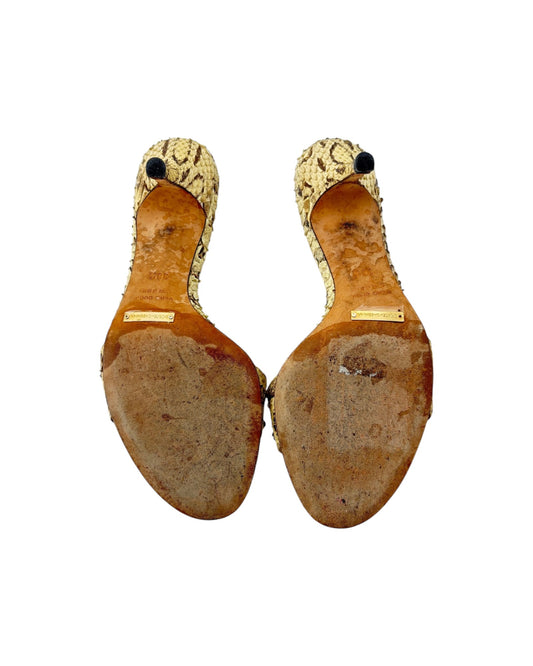 Gold high-heeled shoes with snake print pattern on a white background