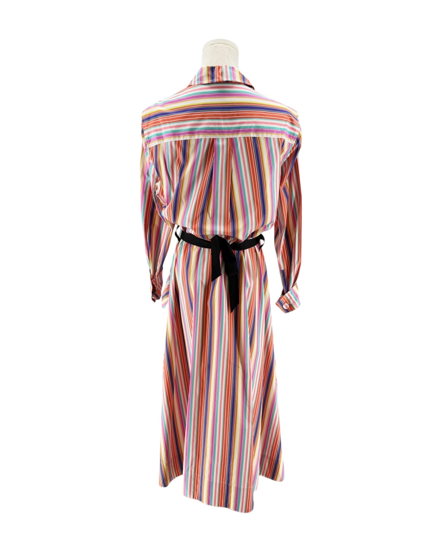 Multicolored striped dress on a mannequin against a white background
