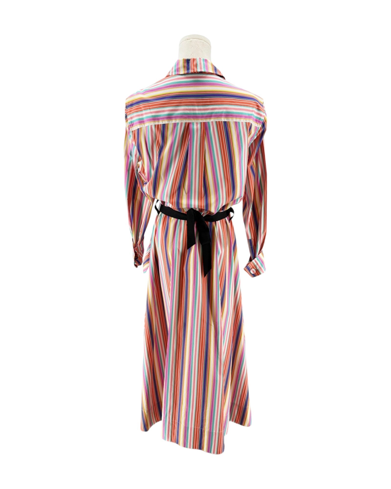 Multicolored striped dress on a mannequin against a white background