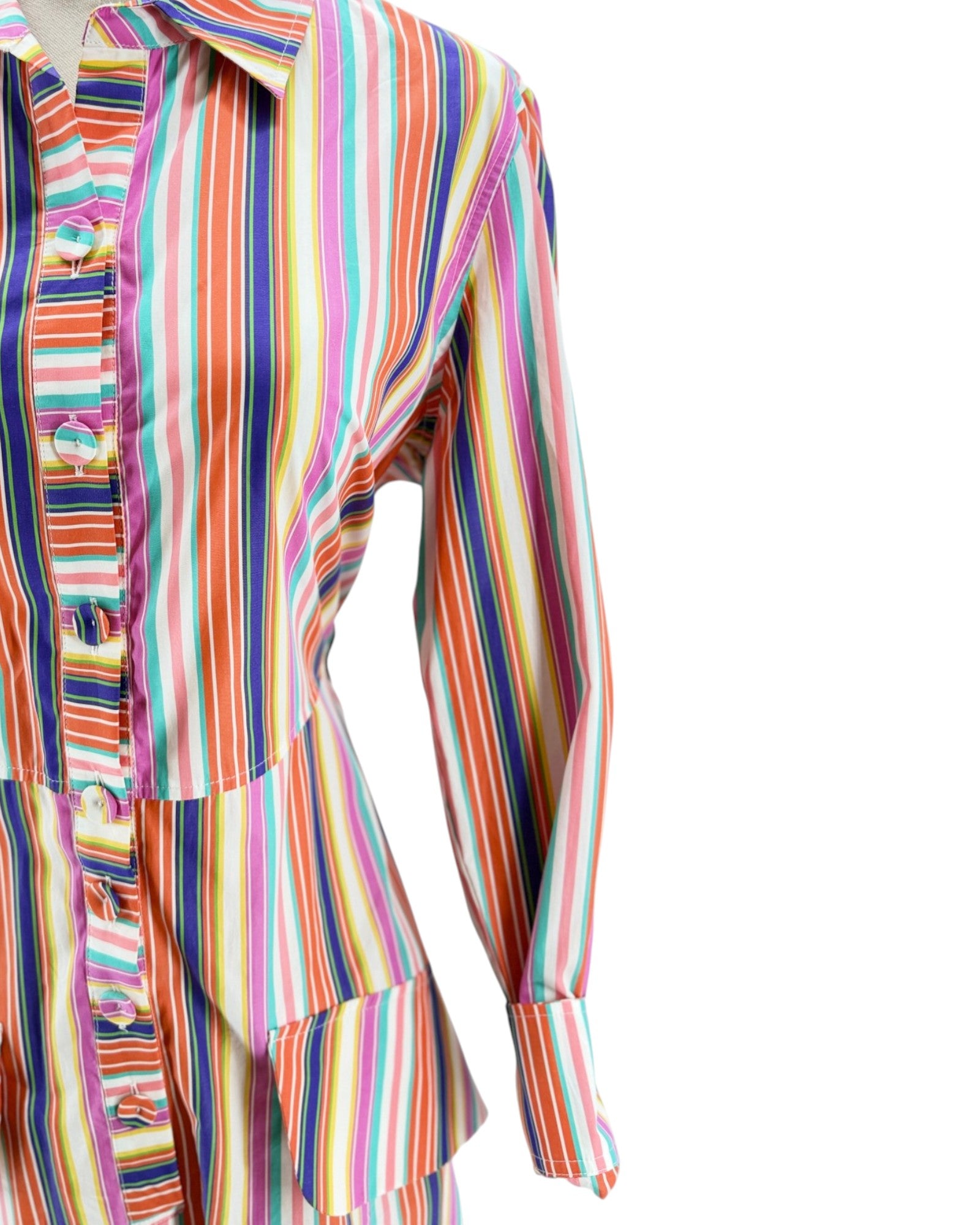 Colorful striped shirt with ruffled details on a white background