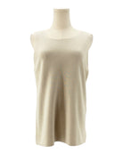 Beige sleeveless top on a mannequin against a white background