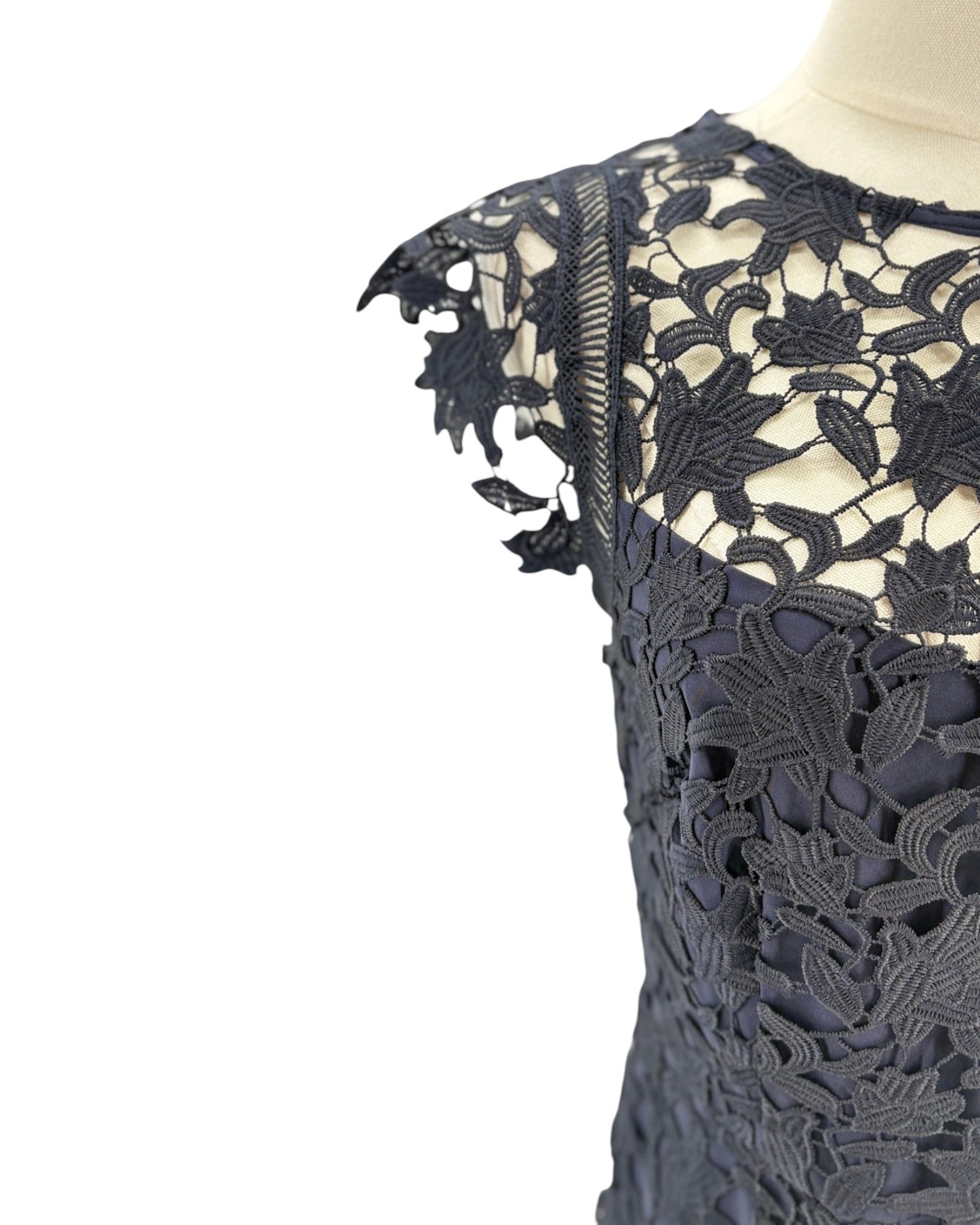 Navy lace dress on a mannequin against a white background