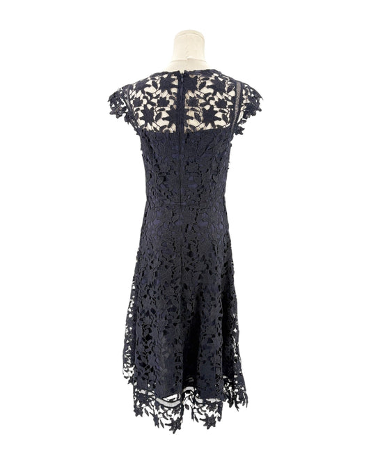 Navy lace dress on a mannequin against a white background