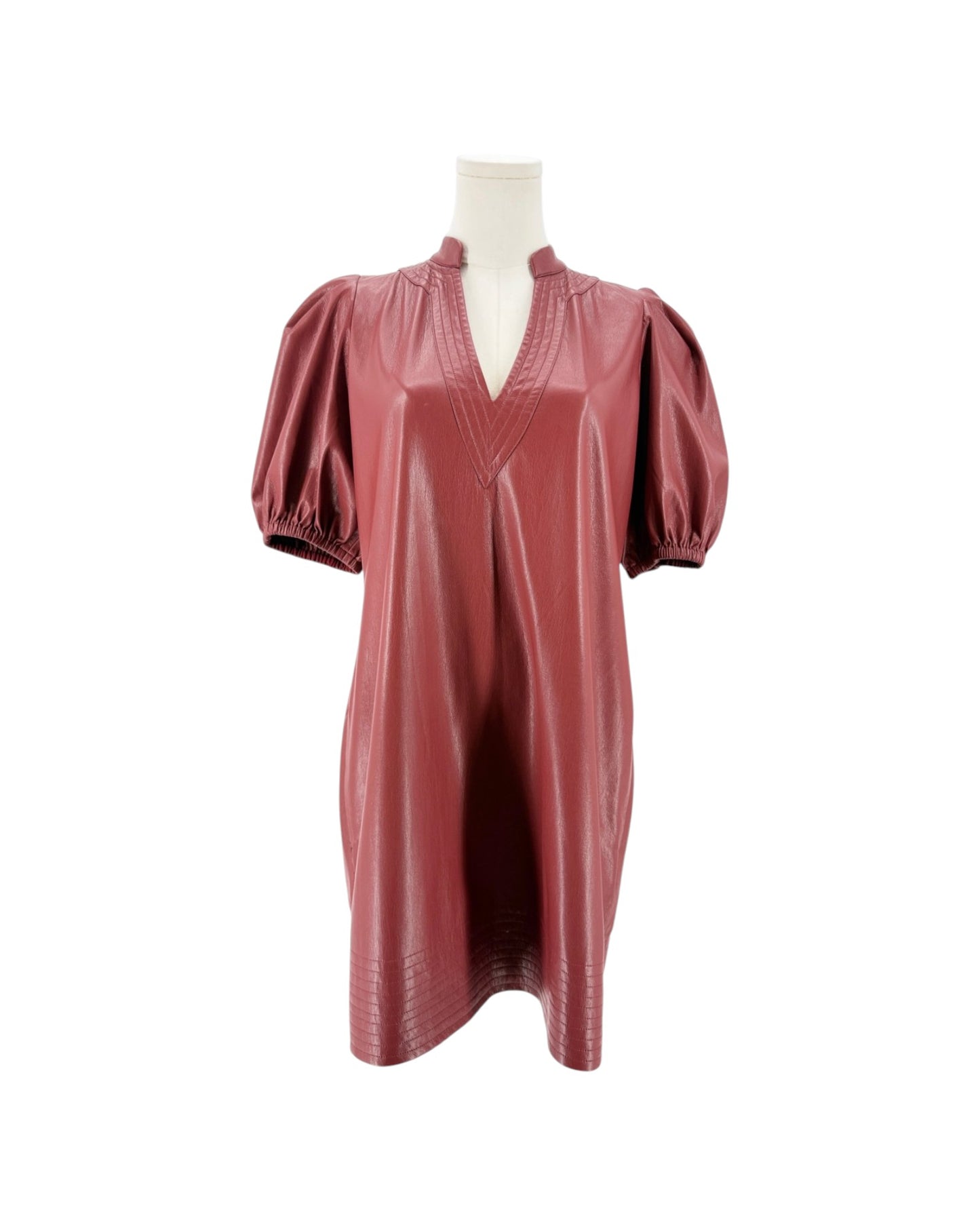 A brick red faux leather mini dress with puff sleeves and a split V-neckline, displayed on a mannequin torso against a white background.