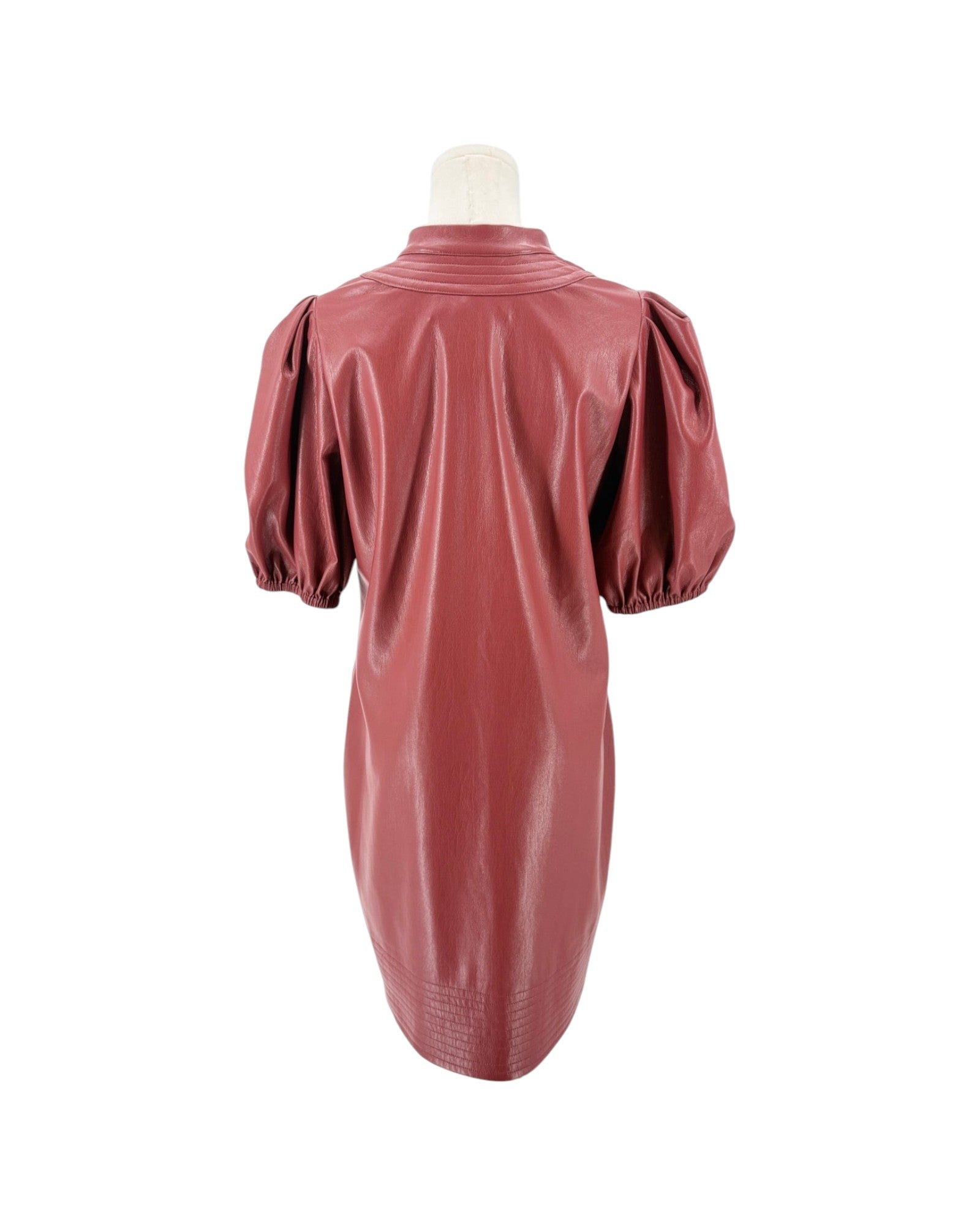 A dusty rose faux leather dress with puff sleeves, shown from the back on a mannequin against a white background.